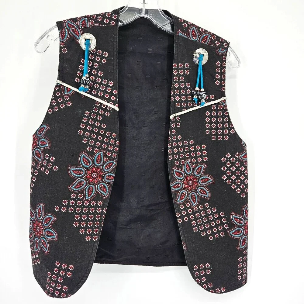 Western Boho Floral Vest Women Medium Black Blue Silver Buttons Beaded Lined - Picture 1 of 9